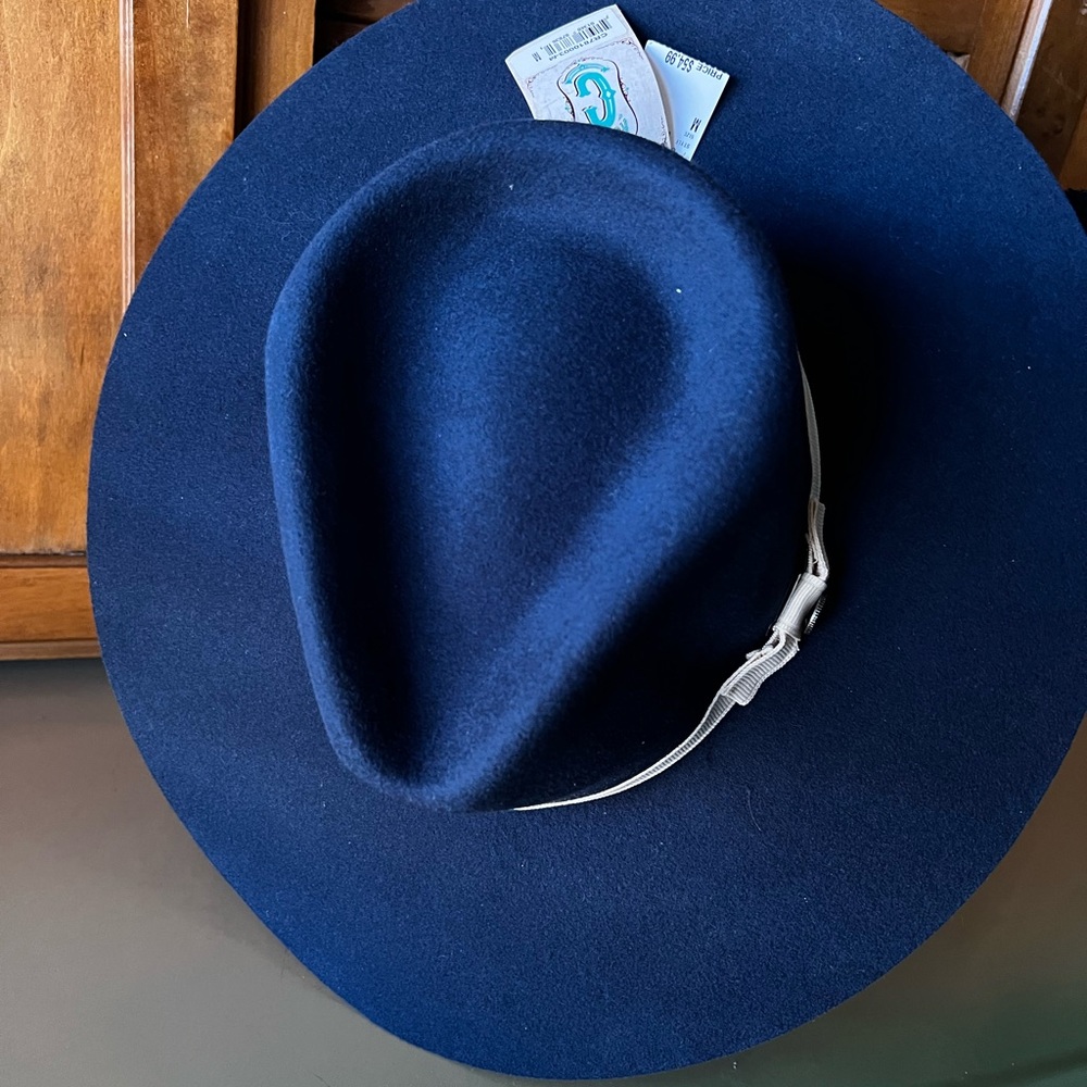 Navy Blue Wool Fedora Hat with Silver Buckle Detail Size Medium